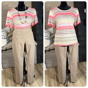 Chico’s Striped Pink/Tan/Yellow Women's Shirt and Fabulously Slimming Pants Set